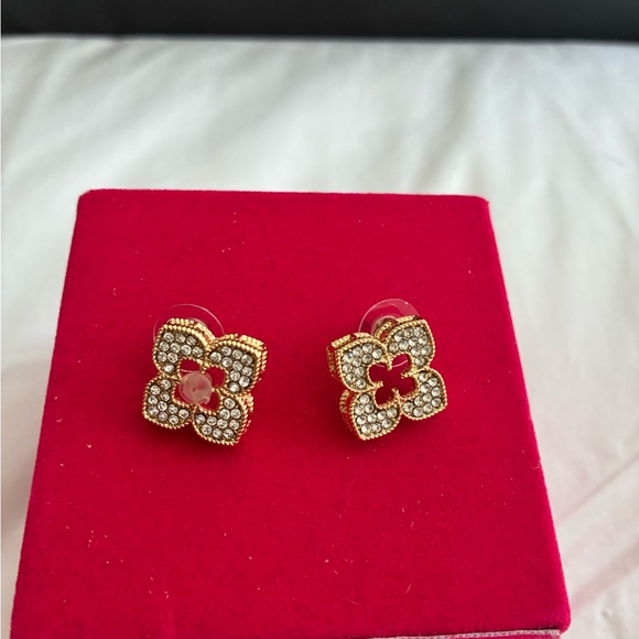 Vince Camuto Gold Floral Crystal Stud Earrings with Clear Stones - Picture 5 of 5